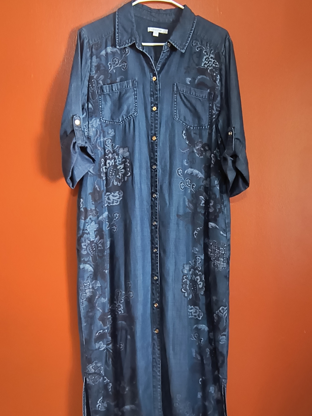 Chico's Navy Floral-Print Long Shirt Jacket